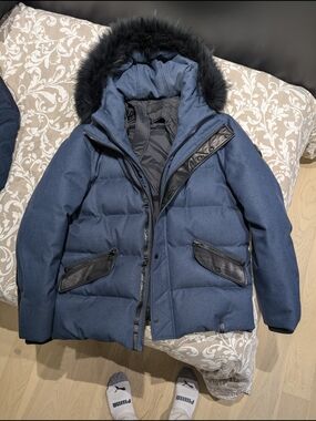 RUDSAK Men's Navy Blue Puffer Jacket with Faux Fur Hood